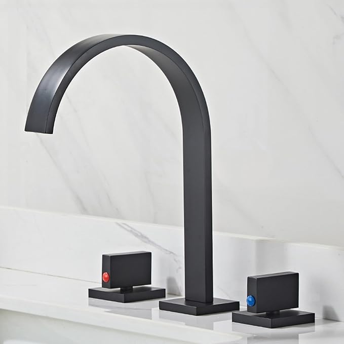 Bathroom Basin Mixer Faucet 3 Hole Brass Hot and Cold Water Double Handle 3 Hole Basin Faucets-Black