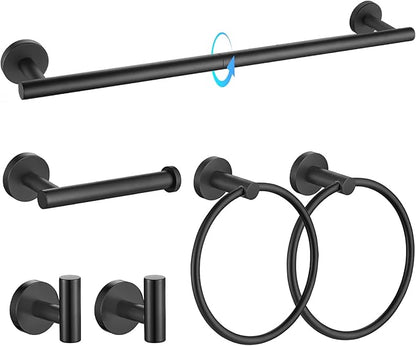 TQKAG Matte Black Bathroom Hardware Set, 6-Piece Towel Bar Set 23.6 Inch | Towel Bar Set, Wall Mounted, Bathroom Accessories Set Include Paper Holders, Towel Rings, Towel Hooks, SUS304 Stainless Steel