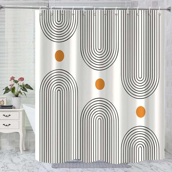 Boho Mid Century Shower Curtain, Modern Abstract Arch Sun Ivory Machine Washable Waterproof Fabric for Bathroom Bathtub with 12 Hooks 72Wx78H