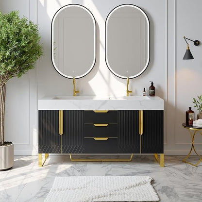 KunMai 59" Black Freestanding Bathroom Vanity with Faux Marble Top, Double Ceramic Vessel Sinks, Floor-Standing Design, 3 Drawers for Storage, Modern Bathroom Cabinet with Gold Hardware Finish