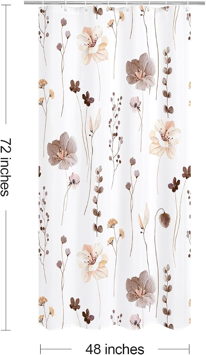 Brown Beige Watercolor Floral Fabric Shower Curtain, 36x72 | Waterproof Fabric, Modern Minimalist Floral Print, Machine Washable, Rustproof Grommets, for Bathroom Home, Stall