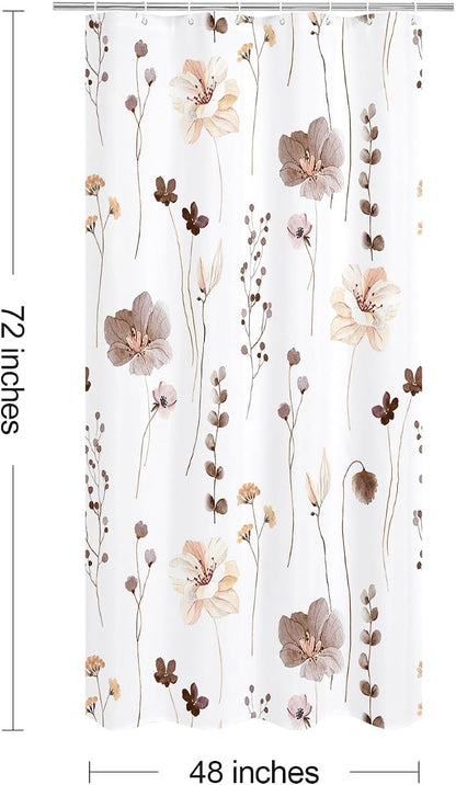 Brown Beige Watercolor Floral Fabric Shower Curtain, 36x72 | Waterproof Fabric, Modern Minimalist Floral Print, Machine Washable, Rustproof Grommets, for Bathroom Home, Stall
