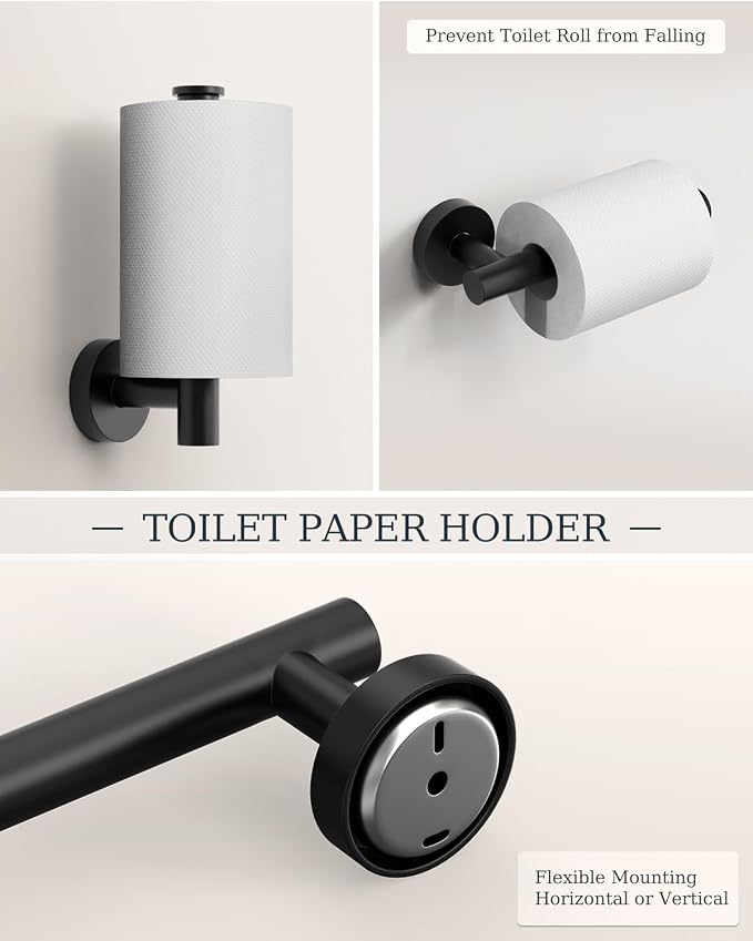 Matte Black Bathroom Accessories Set SUS304 Stainless Steel 5 Pieces | Evolvegoods Bathroom Hardware Set, 26 Inch Bath Towel Bar Set, 2 Towel Hooks, Toilet Paper Holder, Towel Racks for Bathroom