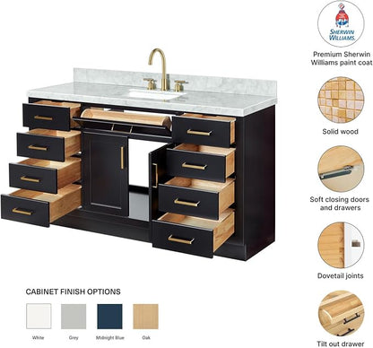 Isabella 60 Inch Bathroom Vanity Single Sink — Black Bathroom Vanity with Sink, 1.5" Edge Italian Carrara Marble Countertop, Solid Wood, 2 Soft-Close Doors, 8 Dovetail Drawers + Tilt Drawer