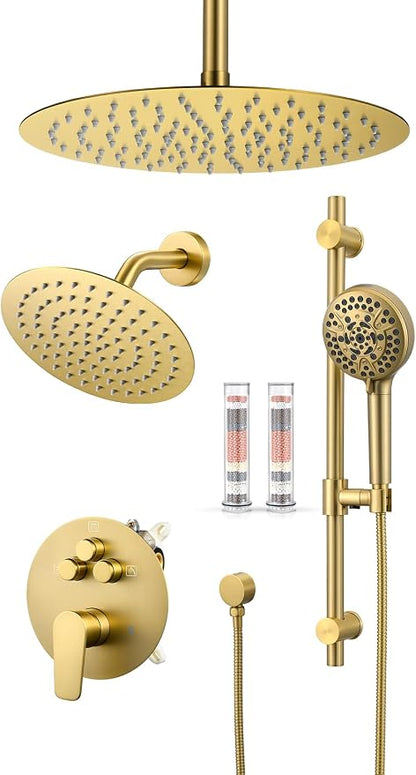 Woindo Shower Faucet Set with Slide Bar, 12" Rain Shower Head/8'' Side Shower Head and 10 Setting Handheld Ceiling Mount 3 Push Button Diverter Complete Rainfall Shower System Included Valve Trim Kit