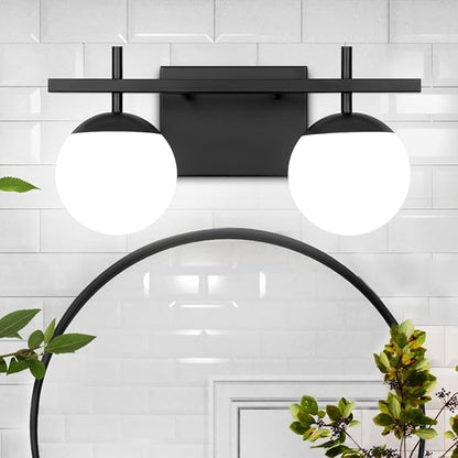 Bathroom Light Fixtures Over Mirror, Black Vanity Lights for Bathroom with White Frosted Glass, 2-Light Modern Vanity Lighting Fixtures Globe Sconces Wall Light for Bedroom Living Room Cabinet