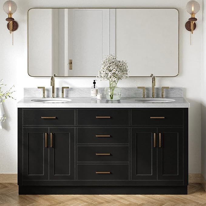ARIEL Hepburn 66-inch Bathroom Vanity with Sink,Solid Wood, 1.5-inch Italian Carrara Marble Countertop & Backsplash, Double Oval Porcelain Sink, 4 Soft Closing Doors, 6 Dovetail Drawers, Black