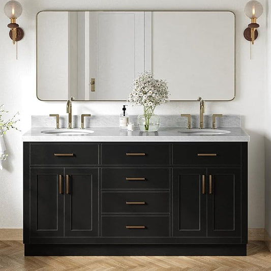ARIEL Hepburn 66-inch Bathroom Vanity with Sink,Solid Wood, 1.5-inch Italian Carrara Marble Countertop & Backsplash, Double Oval Porcelain Sink, 4 Soft Closing Doors, 6 Dovetail Drawers, Black