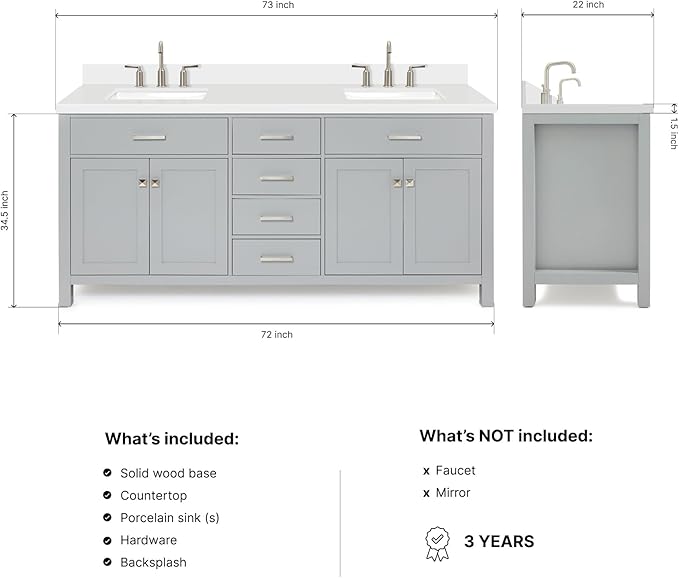 DKB Alenza 72 Inch Bathroom Vanity Double Sink — Grey Bathroom Vanity with Sink, 1.5" Edge Pure White Quartz Countertop & Backsplash, 4 Soft-Close Doors, 4 Dovetail Drawers