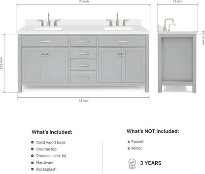 DKB Alenza 72 Inch Bathroom Vanity Double Sink — Grey Bathroom Vanity with Sink, 1.5" Edge Pure White Quartz Countertop & Backsplash, 4 Soft-Close Doors, 4 Dovetail Drawers