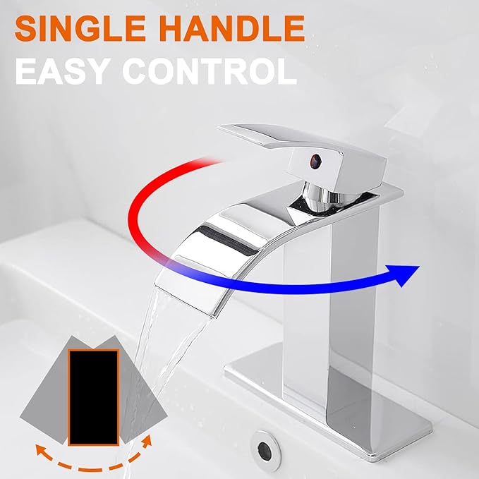Chrome Bathroom Faucet, Waterfall Bathroom Sink Faucet, Bathroom Faucet 1 Hole, Single Handle Mixer Tap Lavatory Vanity Bath Commercial with Pop Up Drain Combo with Overflow