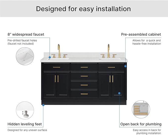 ARIEL Hepburn 66-inch Bathroom Vanity with Sink,Solid Wood, 1.5-inch Carrara White Quartz Countertop & Backsplash, Double Rectangular Porcelain Sink, 4 Soft Closing Doors, 6 Dovetail Drawers, Black