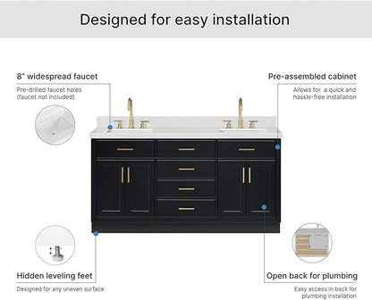 ARIEL Hepburn 66-inch Bathroom Vanity with Sink,Solid Wood, 1.5-inch Carrara White Quartz Countertop & Backsplash, Double Rectangular Porcelain Sink, 4 Soft Closing Doors, 6 Dovetail Drawers, Black