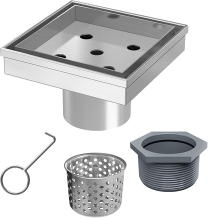 4 Inch Square Shower Drain with Tile Insert Grate, Brushed | 304 Stainless Steel, Square Tile Floor Drain for Bathroom, Removable Tile-In Drain Grate with Hair Strainer, cUPC Certified