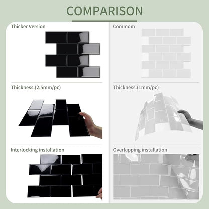 10-Sheet Thick Peel and Stick Kitchen Backsplash Tiles(Black,12.6"×10.6") | D Subway Waterproof Self-Adhesive Wall Tile Stick on Backsplash for Kitchen and Bathroom