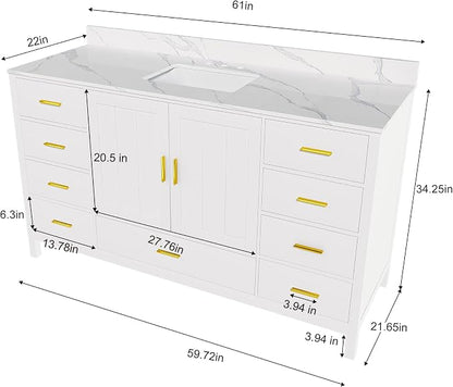 60 Inch Bathroom Vanity with Sink&Countertop,Carrara White Quartz Counter Top with Sink&Backsplash,White Bathroom Cabinet Set with 2 Doors and 9 Drawer(Three Holes)