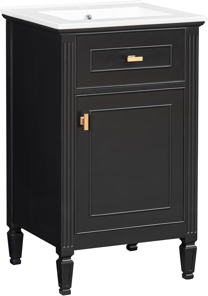 GDFStudio Hawthorne 20" Modern Bathroom Vanity with Sink, Freestanding Bathroom Vanity Organizer with Tilt Out Drawer, Adjustable Shelf and Solid Wood Legs, Single Sink Bathroom Vanity, Black