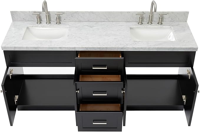 DKB Bradford 72 Inch Bathroom Vanity Double Sink — Black Bathroom Vanity with Sink, 1.5" Edge Italian Carrara Marble Countertop & Backsplash, 4 Soft-Close Doors, and 3 Dovetail Drawers
