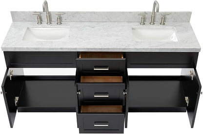 ARIEL Hamlet 72-inch Bathroom Vanity with Sink,Solid Wood, 1.5-inch Italian Carrara Marble Countertop, Double Rectangular Porcelain Sink, 4 Soft Closing Doors, 3 Dovetail Drawers, Black