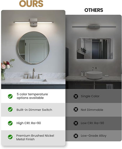 Brushed Nickel Vanity Light Fixtures for Bathroom Over Mirror 24 inch LED Bath Sconces IP44 5CCT Adjustable Morden Picture Lights for Paintings (Built-in Dimmer)