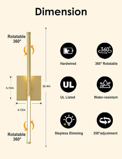 20.4 Inch Hardwired Wall Sconces Set of Two, 3000K Warm White Dimmable Modern Wall Sconces, 350° Rotate LED Light Fixtures Wall Lamp for Bathroom Living Room Bedroom Bedside, Gold