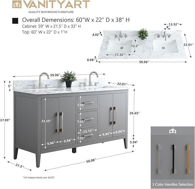 Vanity Art 60 inch Bathroom Vanity with Double Sink & Ceramic Top, Vanity Cabinet with Soft-Closing Doors, Drawers, Solid Wood Frame, Cashmere Gray,VA9060-DG-MB1