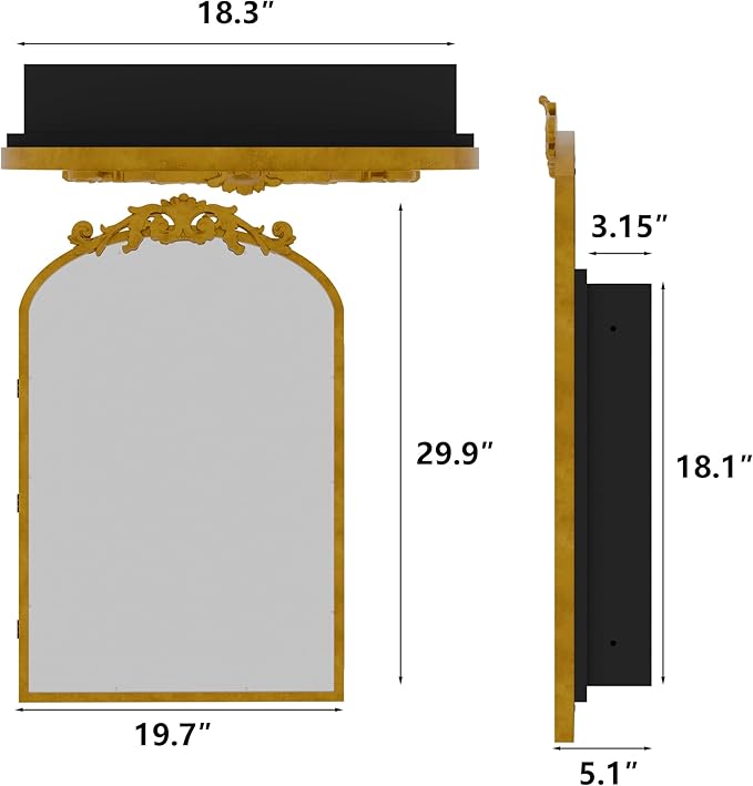 Casaphoria 30" H x 20" W Arched Bathroom Medicine Cabinet with Mirror, Carved Metal Frame and Wall Medicine Cabinets Mirrors, Gold O