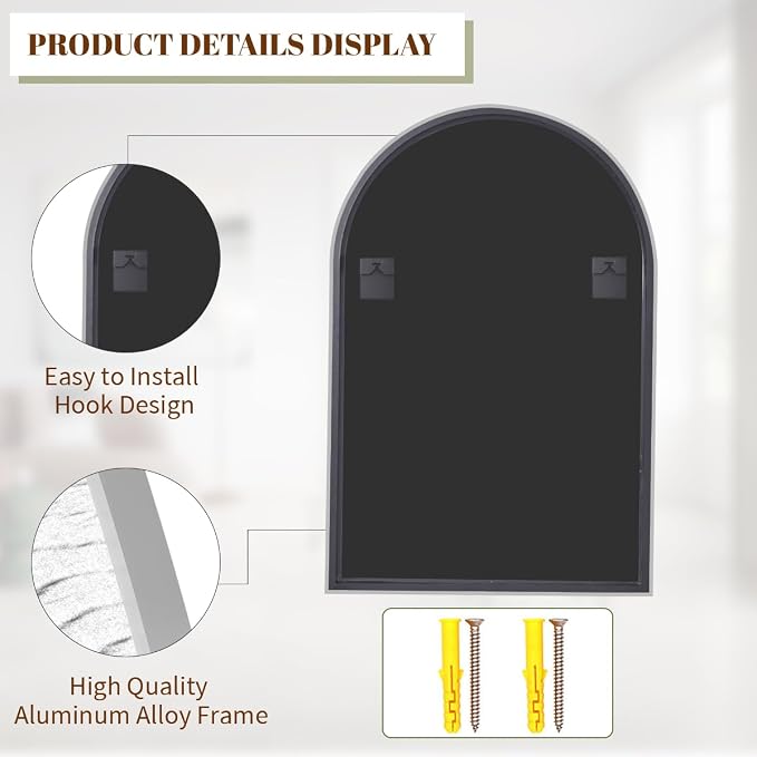 BEAUTYPEAK 30"x40" Arch Bathroom Wall Mirror, Silver | Wall Mounted Vanity Metal Frame Mirror for Bedroom, Entryway, Living Room, Fireplace