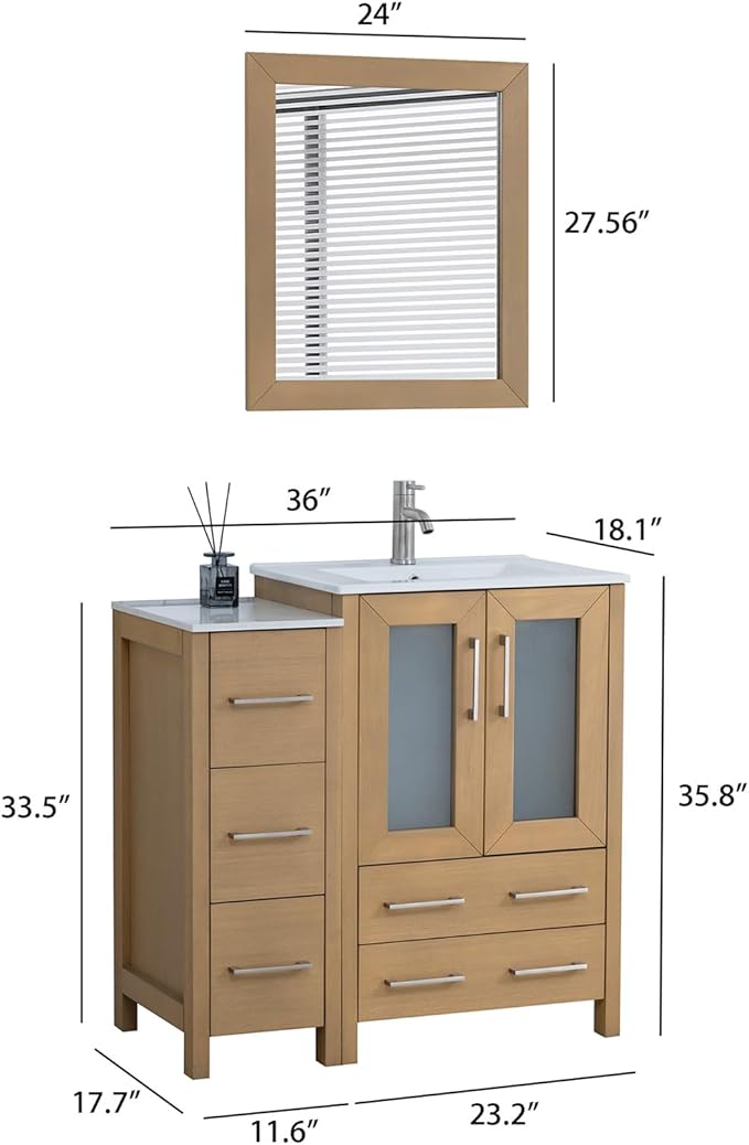 HOMEBEYOND 36 Inch Modern Bathroom Vanity with Sink & Mirror, Single Vanity Cabinet with Basin and Mirror, Dove-Tailed Drawers, Soft-Closing Doors, Wood, Natural Oak