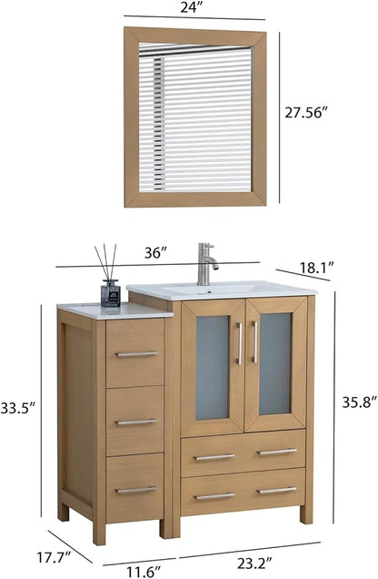 HOMEBEYOND 36 Inch Modern Bathroom Vanity with Sink & Mirror, Single Vanity Cabinet with Basin and Mirror, Dove-Tailed Drawers, Soft-Closing Doors, Wood, Natural Oak