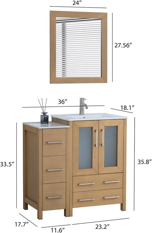 HOMEBEYOND 36 Inch Modern Bathroom Vanity with Sink & Mirror, Single Vanity Cabinet with Basin and Mirror, Dove-Tailed Drawers, Soft-Closing Doors, Wood, Natural Oak