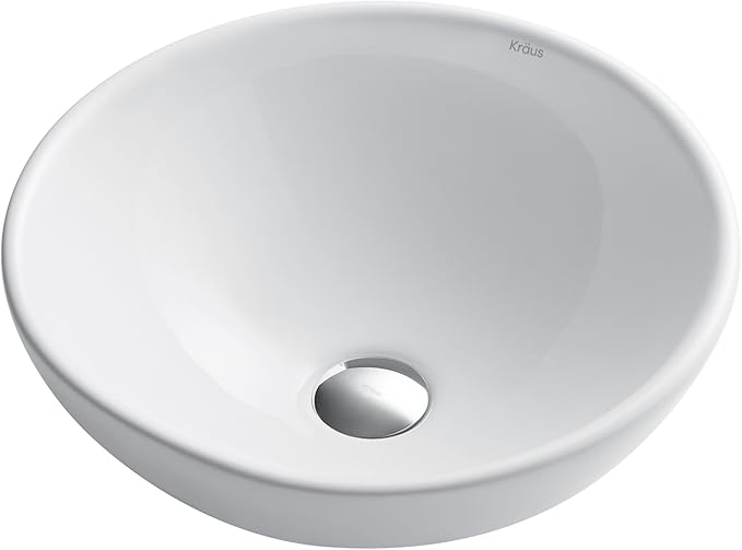 KRAUS Elavo Round Vessel White Porcelain Ceramic Bathroom Sink, 16 inch KCV-141