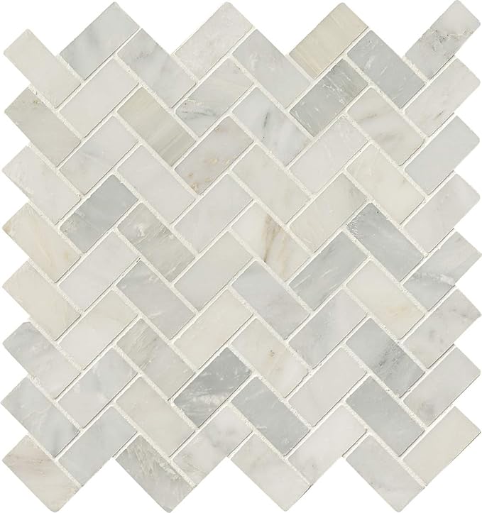 MSI Arabescato Carrara Herringbone Honed Marble Tile for Kitchen Backsplash, Wall Tile for Bathroom, Accent Wall Tile, and Shower Wall Tile, 11.63 in. X 11.63 in. Mesh-Mounted Mosaic Tile
