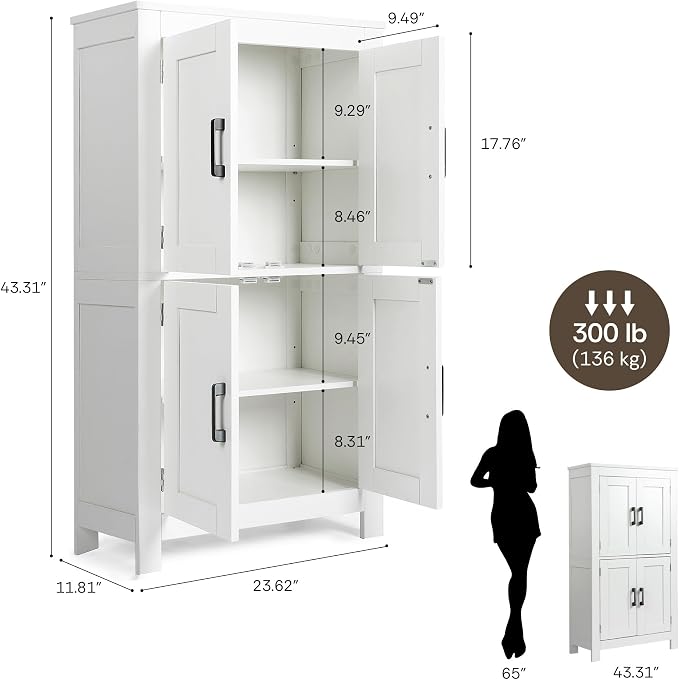 VUSIGN Bathroom Floor Cabinet, Farmhouse Storage Cabinet with 4 Doors, Adjustable Shelves, Modern Freestanding Storage Unit, Versatile Cupboard for Kitchen Living Room, Dining Room, Entryway, White