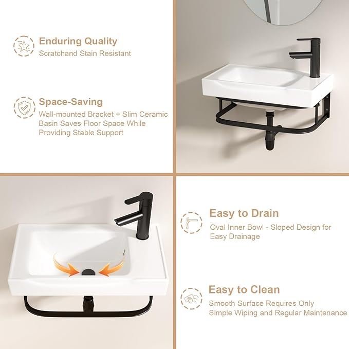 Logmey 19 Inch Wall Mount Bathroom Sink 19-1/2"x11" Rectangule Floating Sink White Porcelain Ceramic Wall Mounted Vessel Sink Wash Hand Basin with Bracket