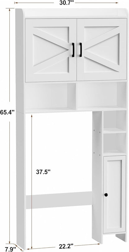 Homhedy Over The Toilet Storage Cabinet with 2 Barn Door and Toilet Paper Holder Stand, FreeStanding Toilet Shelf Space Saver, for Bathroom, Restroom, Laundry, White