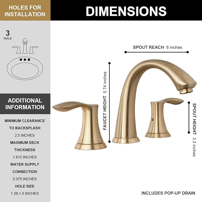 Lava Odoro Valenvoir Champagne Gold Bathroom Faucet for Sink 3 Hole, Gold 8 inch Widespread Bathroom Faucet 2 Handle Bathroom Sink Faucet for Vanity with Drain Assembly Supply line, BF405-CB