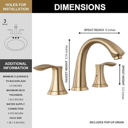 Lava Odoro Valenvoir Champagne Gold Bathroom Faucet for Sink 3 Hole, Gold 8 inch Widespread Bathroom Faucet 2 Handle Bathroom Sink Faucet for Vanity with Drain Assembly Supply line, BF405-CB