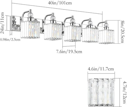 Ralbay Modern Crystal Bathroom Vanity Light 5 Light 40''Chrome Vanity Lighting Over Mirror Bathroom Wall Lighting Fixtures