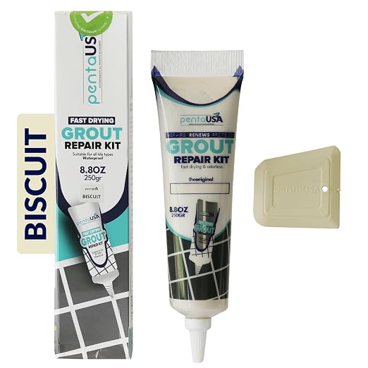 Premixed Tile Grout Repair - Biscuit Beige (8.8oz/250g) | 5 beige shades with RAL codes, premixed acrylic sanded, bathroom shower kitchen tile, water-resistant, 24-hour cure, 29 sq ft