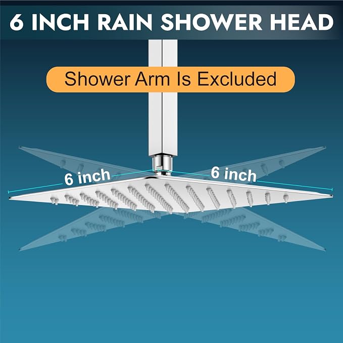 Midanya Square Rain Shower Head,High Pressure,Polish Chrome 6 Inch | 360°Swivel,Ceiling or Wall Mount,Waterfall Full Body Coverage,Bathroom Remodel,Stainless Steel Large Rainfall Shower Head