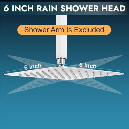 Midanya Square Rain Shower Head,High Pressure,Polish Chrome 6 Inch | 360°Swivel,Ceiling or Wall Mount,Waterfall Full Body Coverage,Bathroom Remodel,Stainless Steel Large Rainfall Shower Head
