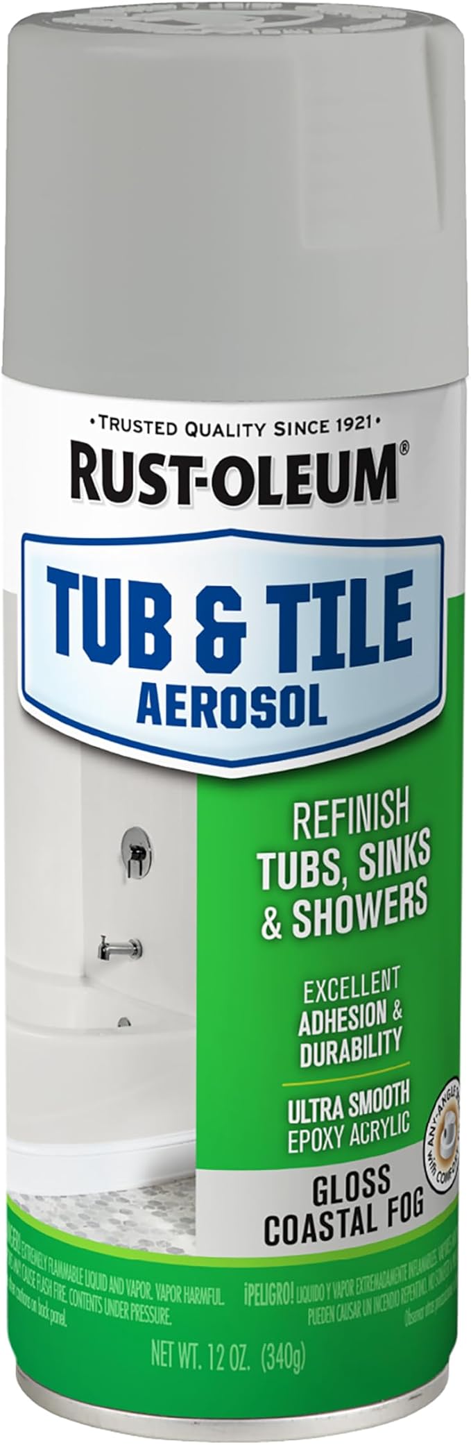 Rust-Oleum Tub & Tile Coastal Fog Spray Paint | Bathroom Surface Refresh, Ceramic Porcelain Fiberglass, Durable Moisture Resistant Finish, 12 Oz