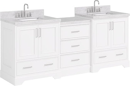 ARIEL Stafford 84-inch Bathroom Vanity with Sink,Solid Wood, 1.5in Italian Carrara Marble Countertop & Backsplash, Double Rectangular Porcelain Sink, 4 Soft Closing Doors, 5 Dovetail Drawers, White