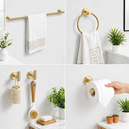 Brushed Gold Bathroom Accessories Set, 6 Pieces Gold Towel Bar Bathroom Hardware Set, 24 Inch Towel Racks for Bathroom, SUS304 Stainless Steel Bathroom Towel Holder Toilet Paper Holder Wall Mounted