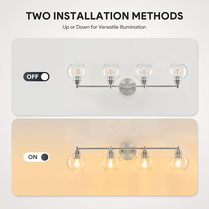 VONLUCE 4 Light Bathroom Vanity Light Fixtures, Brushed Nickel Finish | Globe Glass Shades, E26 Sockets, Easy to install, ETL Certificated, Vanity Lights for Bedroom Hallway Living Room