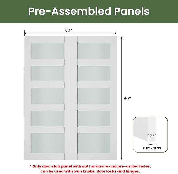 SMARTSTANDARD 60" x 80" Frosted Glass Pantry Door, Solid Core Slab Door | Pre-Assembled 5-Panel without Hardware, French Interior Door for Pantry Pocket, White Primed