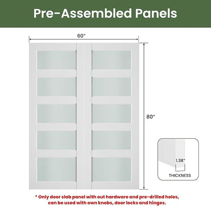 SMARTSTANDARD 60" x 80" Frosted Glass Pantry Door, Solid Core Slab Door | Pre-Assembled 5-Panel without Hardware, French Interior Door for Pantry Pocket, White Primed