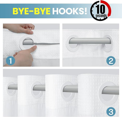 SORTTO No Hook Shower Curtain with Snap in Liner Set Waffle Shower Curtain for Bathroom Hotel Style Fabric Waterproof Inner Liner，60" W x 74" H, White