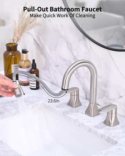 Bathroom Faucet 3 Hole with Pull Out Sprayer, 8 Inch Widespread Bathroom Faucet, Magnetic Pull Out Faucet for Easy to Use, Brushed Nickel (with Pop-up Drain)